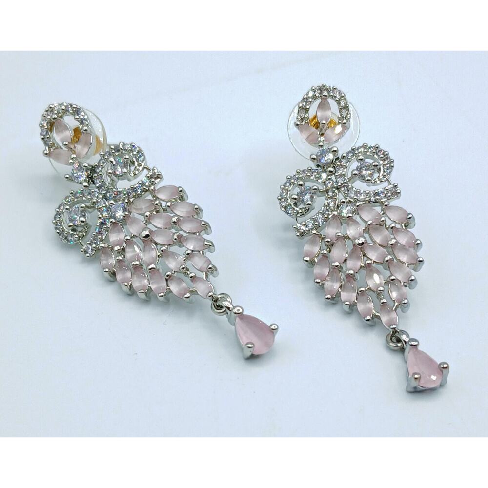 Silver Tone Pink Gem and Crystal OWL Post Earrings